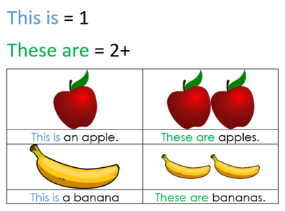 Demonstrative pronouns this is and these are using fruit