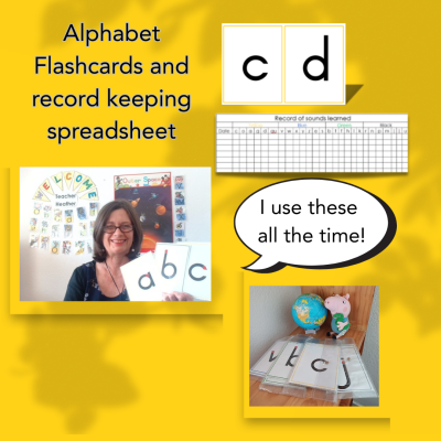 Alphabet flashcards and a record keeping spreadsheet - images of Heather holding the flashcards and the flashcards organised into pouches.