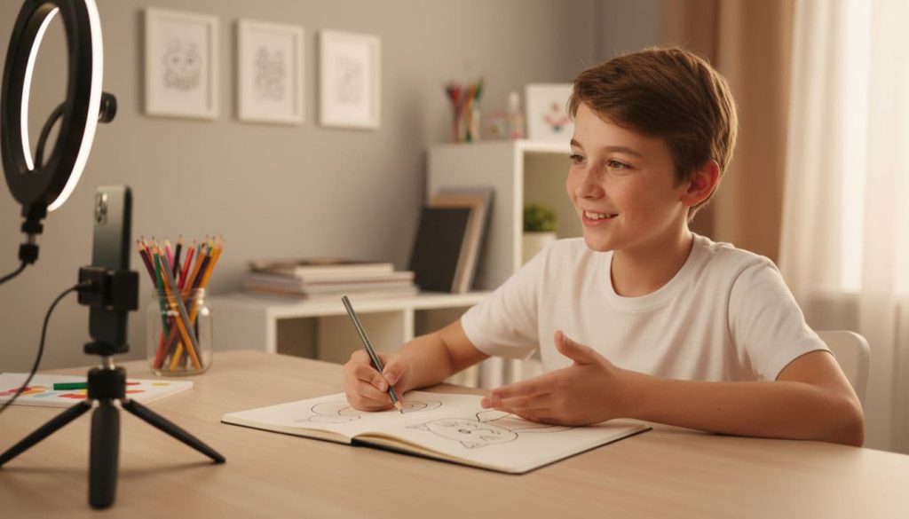A cheerful 10-12 year old kid sits at a wooden desk in a cozy home studio, demonstrating a simple cartoon cat drawing on a sketchbook while being recorded by a smartphone on a tripod. The background features organized art supplies on shelves and soft ring light illumination with warm daylight tones